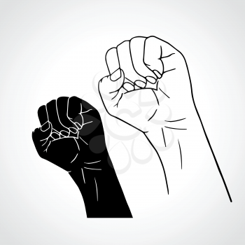 A clenched fist held high in protest. Outline and silhouette. Vector illustration