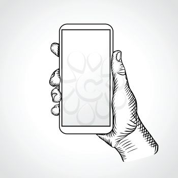 Hand Holding Mobile, arm with cell, line art drawing hand with mobile phone, front view. Vector illustration