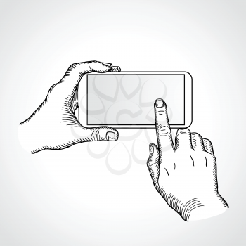 Hand holding and touch on smartphone with blank screen isolated on white background, mobile phone touch gestures -- touch the screen. Vector outline
