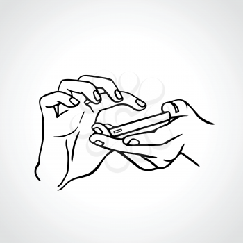Typing text message on smartphone. Hands with phone outline illustration. Eps 8