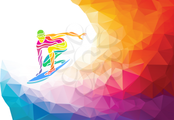 Creative silhouette of surfer. Art gymnastics, colorful vector illustration with background or banner template in trendy abstract colorful polygon style and rainbow back