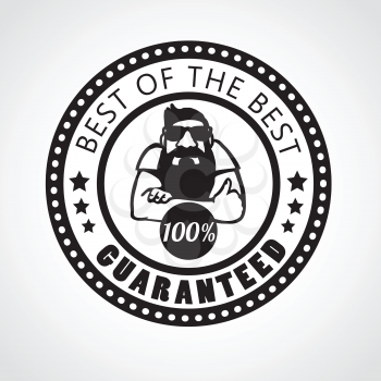 Best of the best, Satisfaction guaranteed sign, vector label with beard man approving with thumb up, black and white sticker