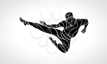 Karate power kick. Martial arts man silhouette. Detailed vector illustration of a martial arts master