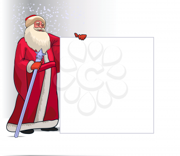 Santa Claus or Ded Moroz Cartoon Character for Christmas Holding Blank Board Isolated in White Background. Vector Illustration