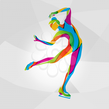 Creative silhouette of ice skating girl. Ice show, rainbow colors vector illustration 
