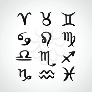 Hand drawn vector illustration -- zodiac signs.  Calligraphic horoscope symbols