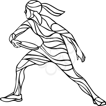 Female player is playing Ultimate Frisbee. Silhouette of flying disc player. Vector lineart illustration