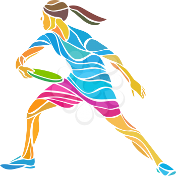 Female player is playing Ultimate Frisbee. Black silhouette of flying disc player. Vector color illustration
