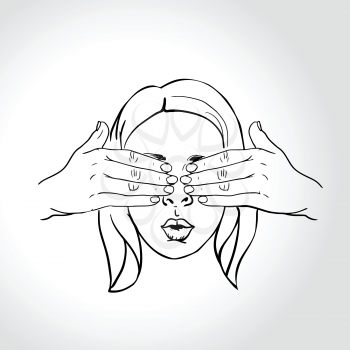 Surprised female face, guess who concept. Man covering a girls eyes to see if she can guess who is behind her - vector illustration.