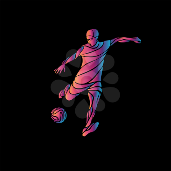 Football or Soccer player kicks the ball. The colorful neon vector illustration on black background.