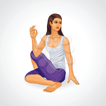 Vector illustration: girl in yoga pose. Woman showing Ardha Matsiendrasana, yoga asana. 