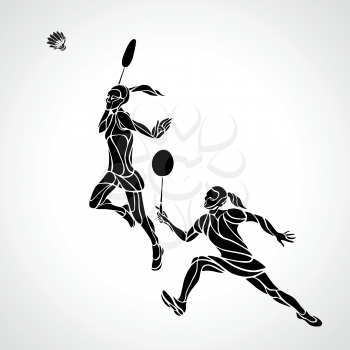 Creative color Professional Badminton players. Vector illustration. Two girls, women doubles championship Eps8