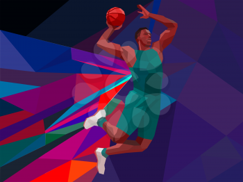 Polygonal geometric professional basketball player on colorful low poly background doing jump shot with space for flyer, poster, web, leaflet, magazine. Vector illustration