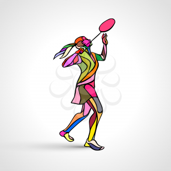 Silhouette of abstract female badminton player doing smash shot. Color vector illustration of professional badminton player.