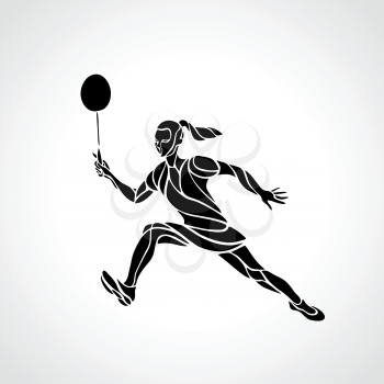 Silhouette of abstract female badminton player doing net shot. Black and white outline professional badminton player. Vector illustration