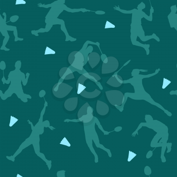 Badminton sports pattern. Seamless vector background with badminton players silhouettes and shuttlecocks for wallpaper, pattern fills, web page background, surface textures.