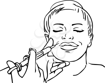 Cosmetic injection in the female face. Lips and cheek zone. Botox injections. Huge duck lips. Vector illustration
