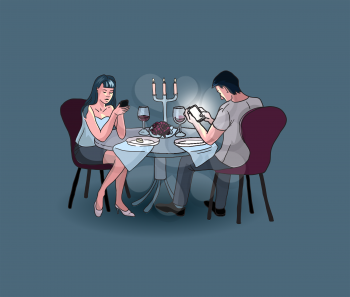 Romantic couple dinner, looking at their smart phones. Smart phone addicted people. Modern life concept. character design. Vector illustration