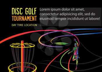 Disc golf sport, flying disc Frolf invitation poster or flyer background with sportsman silhouette and empty space, horisontal vector banner template