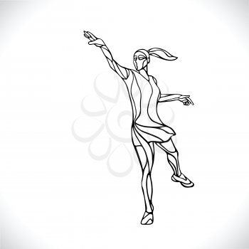 Female player is throwing flying disc. Outline ilhouette of disc golf player. Vector lineart illustration