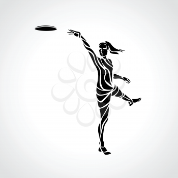 Female player is throwing flying disc. Silhouette of disc golf player. Vector lineart illustration