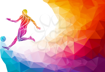 Creative soccer player. Football player kicks the ball, colorful vector illustration with background or banner template in trendy abstract colorful polygon style and rainbow back