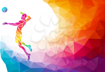 Volleyball attacker player with ball. Beach sport, colorful vector illustration with background or banner template in trendy abstract colorful polygon style and rainbow back
