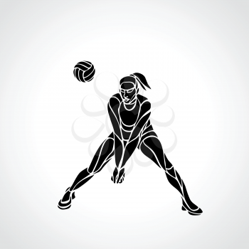 Woman female volleyball abstract player passing ball. Black and white silhouette. Vector illustration