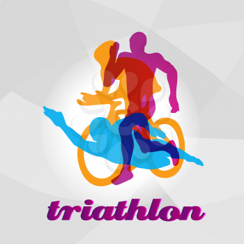 Color flat logo triathlon. Vector figures triathletes on a white background. Swimming, cycling and running symbol. Eps10