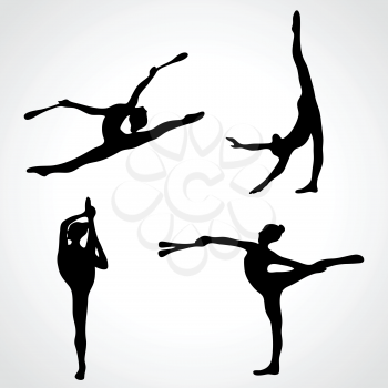 Collection 4 Creative silhouettes of gymnastic girls with clubs. Art gymnastics set, black and white vector illustration