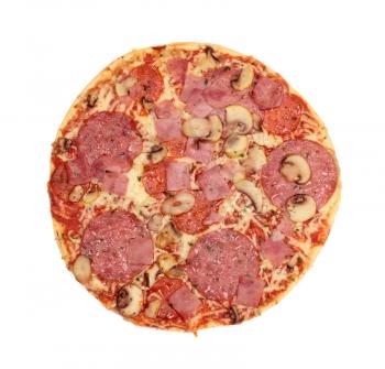 Pizza with sausage, ham and mushrooms isolated on white background