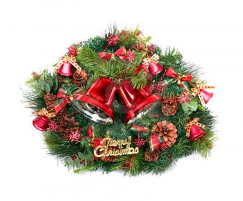 Christmas decoration with two red bells and green wreath  isolated on white background