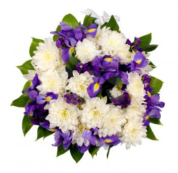 Bouquet of flowers from chrysanthemums, irises, statice and ruskus isolated on white background 