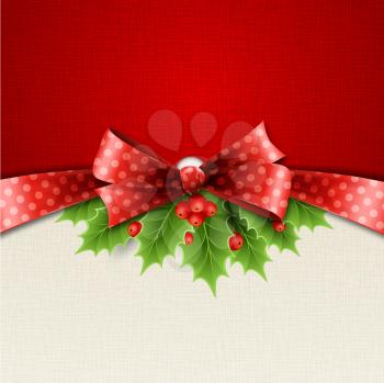 Vector illustration isolated realistic Christmas holly and red bow. EPS 10