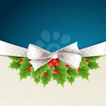 Vector christmas background with ribbon, bow and holly