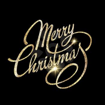 Christmas card with text Merry Christmas. Calligraphic Lettering design Creative typography for Holiday Greeting Gift Poster. Calligraphy Font style Banner. Gold glitter