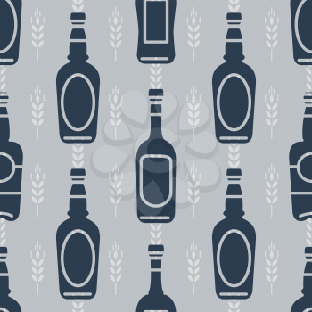 Seamless pattern with bottles of beer and wheats. Vector illustration
