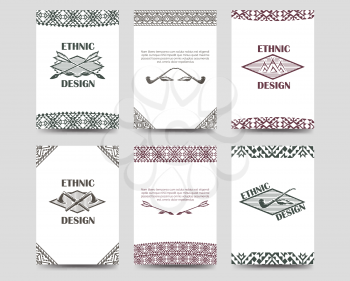 Ethnic cards flyers template set with native american style borders. Vector illustration