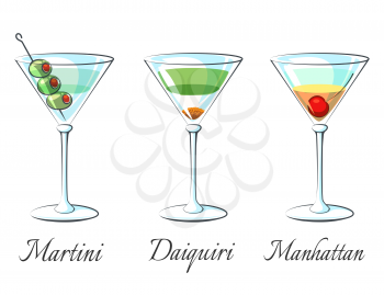 Popular alcoholic cocktails icons on white background with signs vector illustration