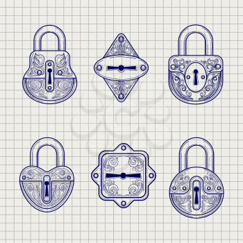 Set of hand drawn ornamental locks. Sketch on the notebook page vector illustration