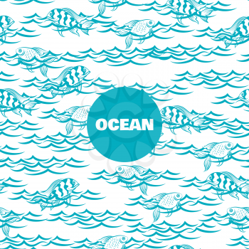 Ocean seamless pattern with fish in the waves vector