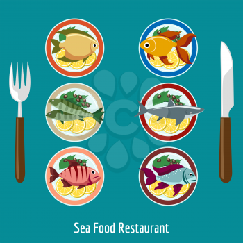 Set of fish dishes, fish on the plate with garnish. Sea food restaurant icons menu vector illustration