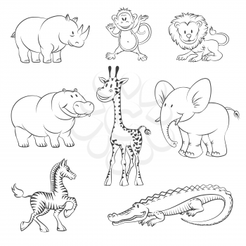 Safari and jungle animals in hand drawn style. African animals icons. Vector illustration