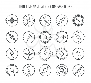 Linear compass icons. Thin line navigation compass icons on white backgroung. Vector illustration