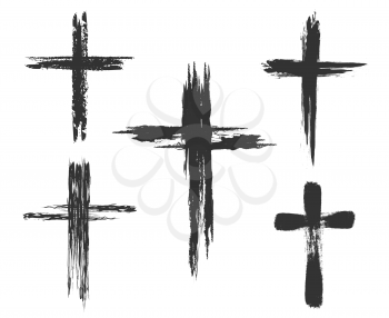 Hand drawn christian cross signs. Brush painted cross icons. Vector illustration