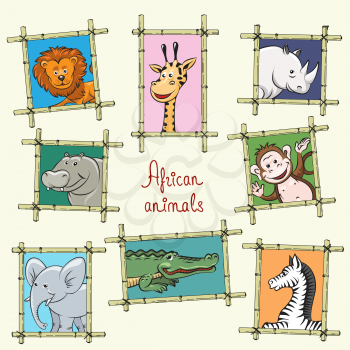 African animals in a wooden frames. Monkey, lion, elephant and zebra vector icons
