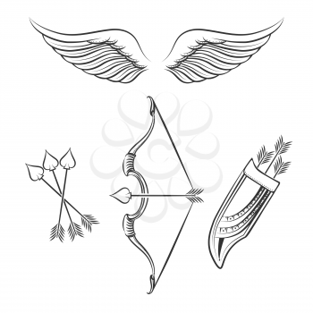 Cupid weapons icons. Hand drawn line cupid weapons on white background. Vector illustration