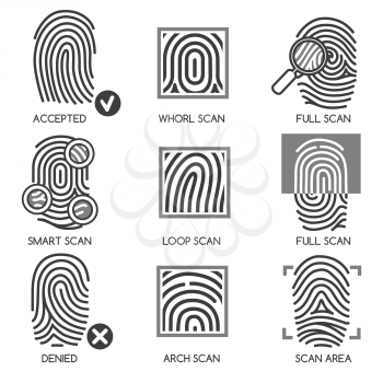 Fingerprint pass icons or thumbprint identification icons. Vector illustration