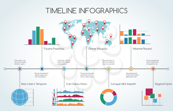 Timeline Infographic with line charts. Colorful vector illustration with signs