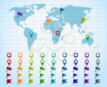 Colored pointers or pins on world map. Vector illustration